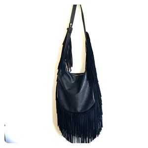 Black Leather fringed shoulder bag.